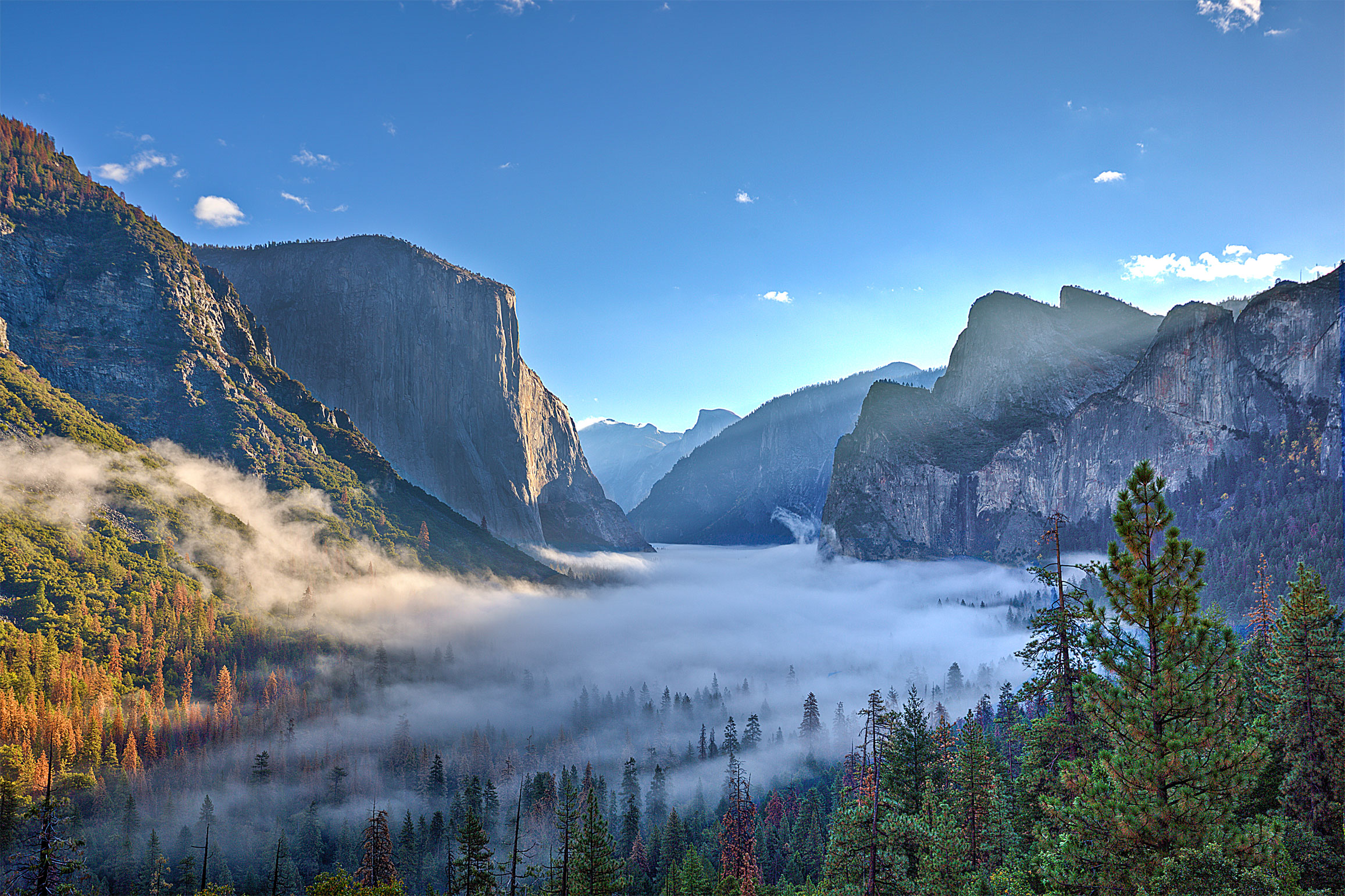 The famous “Tunnel View” and “El Capitan” shortly after Sunrise with the morning fog still resting over the valley.  As you can see, the day started out with clear blue skies (but alas, it would not last!)