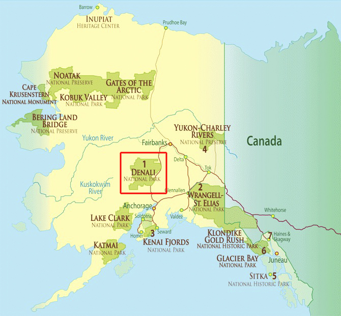 Denali on a map of Alaska